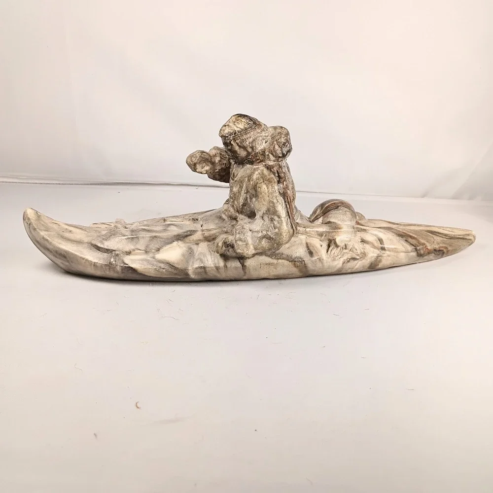 Vintage Canadian Inuit Hand Sculpted Stone Native American Canoeing 12.5